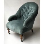 SLIPPER ARMCHAIR, Victorian cloud blue velvet buttoned back, serpentine fronted with turned front