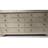 BANK OF DRAWERS, George III style grey painted and silvered metal with an arrangement of nine