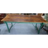 TRESTLE TABLE, antique pine with a natural rectangular top on a green painted base, 184cm L x 78cm H