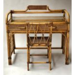 WRITING TABLE/CONSOLE, Vintage rattan and cane panelled with glazed writing surface, two frieze