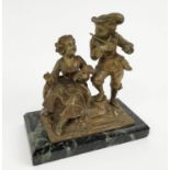 BRONZE GROUP, German style, flute player and singer, on variagated marble plinth base, 16cm W x 17cm