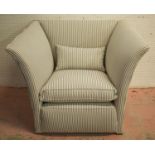 ARMCHAIR, ticking upholstered with outswept arms, seat and scatter cushion, 72cm H x 95cm x 74cm.