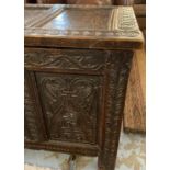 COFFER, carved oak, Charles II with hinged top, 116cm x 45cm x 55cm. (with faults)