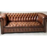 CHESTERFIELD SOFA, antique hand finished leaf brown deep button upholstered leather with rounded