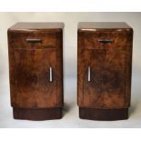 ART DECO BEDSIDE CABINETS, a pair, burr walnut and silvered metal, each with drawer and cupboard,