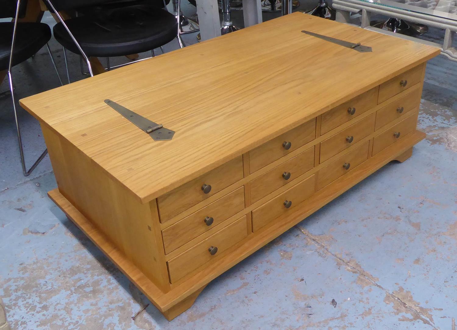 LOW TABLE, contemporary ash, with bank of drawers to one side and lift up top, 118cm x 66cm x 43cm.