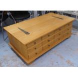 LOW TABLE, contemporary ash, with bank of drawers to one side and lift up top, 118cm x 66cm x 43cm.