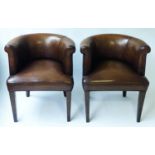 TUB ARMCHAIRS, a pair, with rounded back and hand finished leaf brown soft leather, 67cm W. (2)