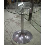 SIDE TABLE, aluminium with circular glass top, 72cm H x 63cm.