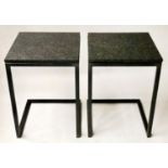 LAMP TABLES, a pair, square granite on L shaped black metal bases, 46cm x 46cm x 64cm H. (2)