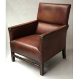 CLUB ARMCHAIR, soft tan brass studded leather with square back and arms, 72cm W.