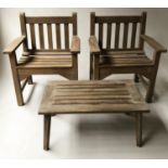 LISTER GARDEN ARMCHAIRS, a pair, weathered slatted teak stamped 'Lister' 67cm W together with a teak