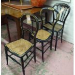 SIDE CHAIRS, six similar, Victorian ebonised with caned seats and gilt detail, some with mother of