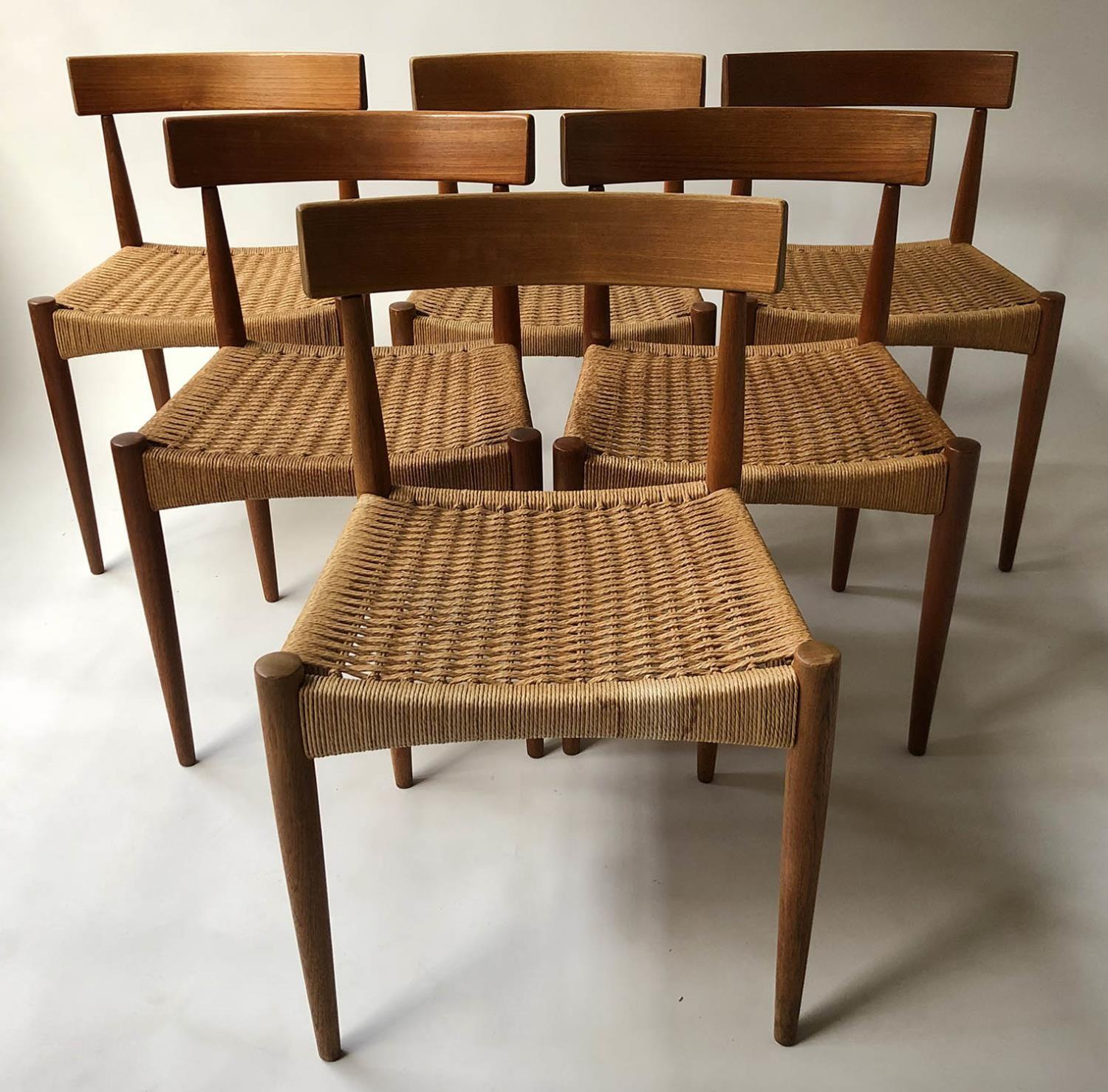 IN THE MANNER OF ARNE HOVMAND OLSEN DINING CHAIRS, a set of six, 76cm tall approx (6).