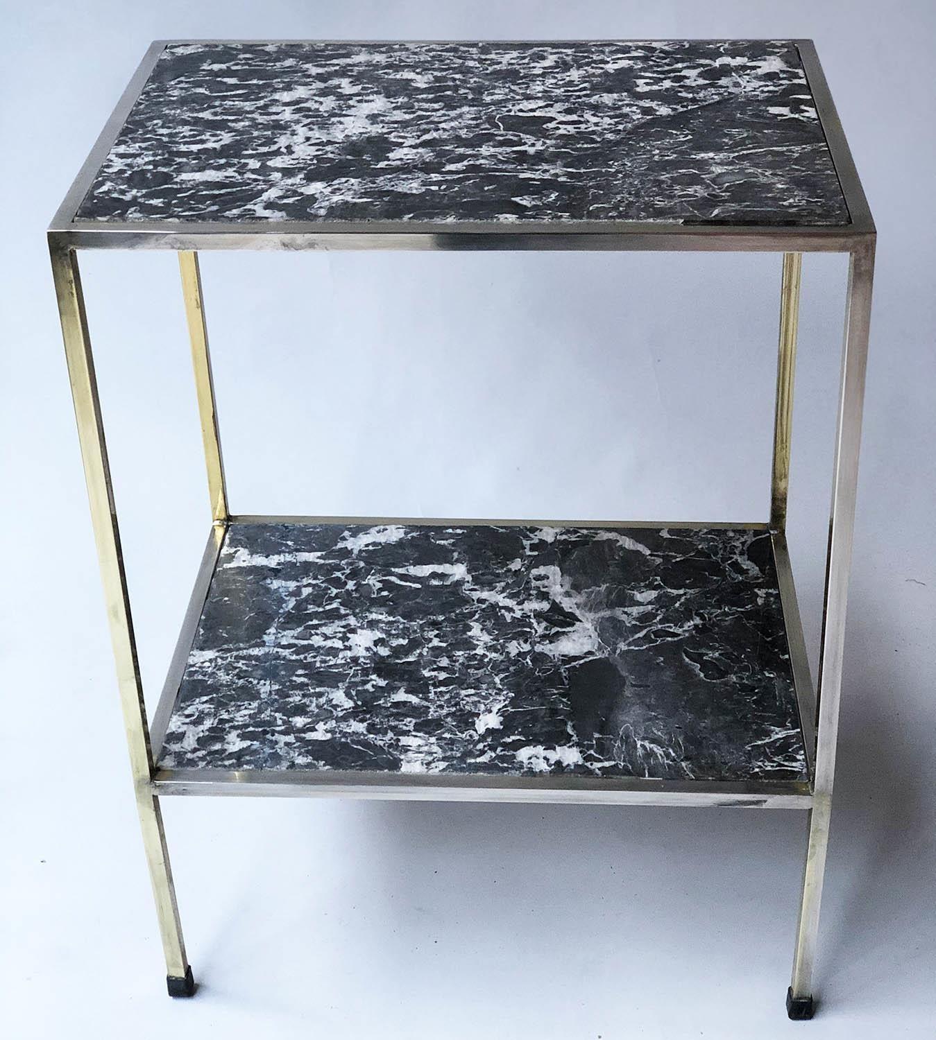 ETAGERES, a pair, silvered metal of two tiers with 'St Annes' marble shelves, 47cm x 33cm x 62cm - Image 2 of 5