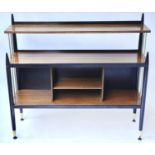 ATOMIC BOOKCASE, 1970's teak with three shelves, black painted rocket supports with gilt metal