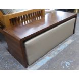 CURVED WOODEN BENCH, with upholstered ottoman beneath, 46cm x 128cm x 47cm H. (2)