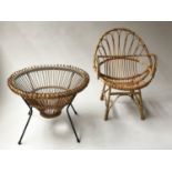 RATTAN LOW TABLE, vintage circular wicker rattan and glazed 69cm x 52cm H together with a basket