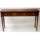 HALL TABLE, George III style burr walnut and crossbanded of shallow proportions with four short