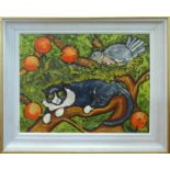 20th CENTURY BRITISH SCHOOL 'Cat and Wood Pigeon among the Orange Tree Branches', oil on canvas,