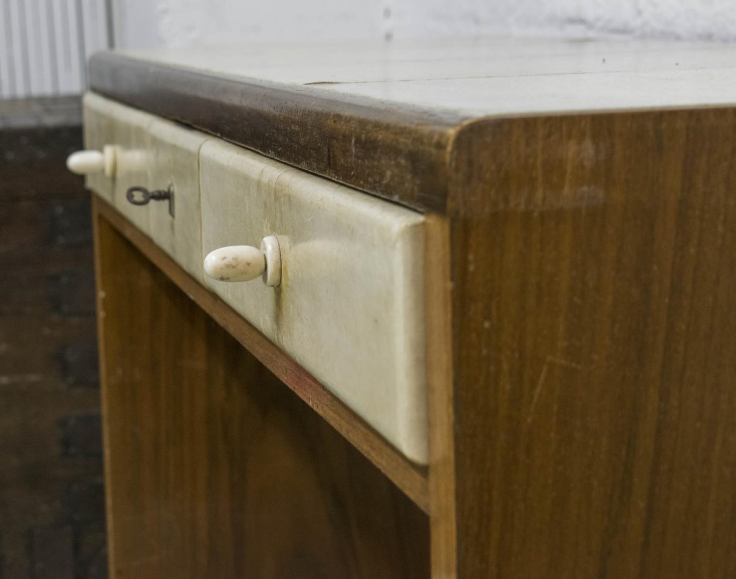 DESK, Art Deco walnut and vellum with three drawers and ivory handles, 74cm H x 125cm x 42cm. ( - Image 2 of 2