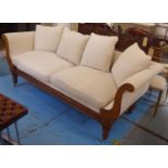 SOFA, Regency design beechwood and pine with woven cream upholstery and four scatter cushions on