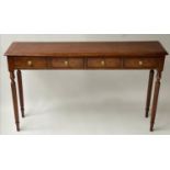 HALL TABLE, George III style burr walnut and crossbanded with four short frieze drawers and reeded