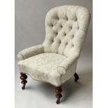 ARMCHAIR, Victorian walnut with parchment buttoned brocade, serpentine front and turned front