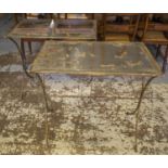 SIDE TABLES, a pair, each with distressed mirrored top on painted metal supports, 51cm x 79cm x 75cm