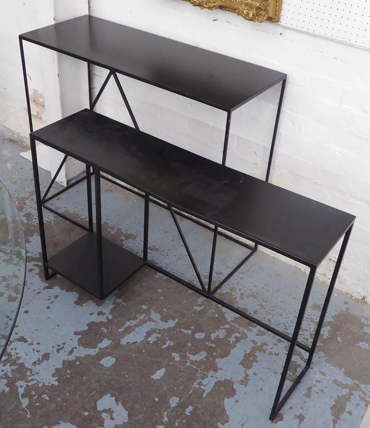 CONSOLE TABLES, a set of two, Largest 90cm x 35cm x 76cm. (2) (with faults)