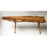 LOW TABLE, rustic burr yew raised upon circular brass capped tapering splay supports, 28cm x 42cm