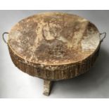 DRUM TABLE, vintage North African circular tapering stretched velum, 77cm diam x 50cm H.