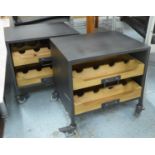 WINE LOVERS SIDE TABLES, a pair, with racks for bottles, each table, 44cm x 35cm x 43cm. (2)