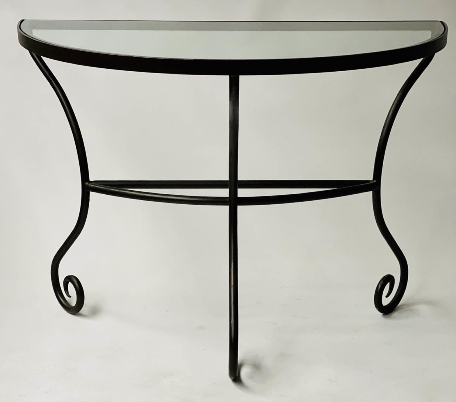 CONSOLE TABLE, Spanish style, semi circular glass, on wrought iron scroll supports, 101cm x 52cm D x