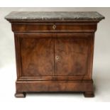 SIDE CABINET, 19th Century French Louis Philippe burr walnut with marble top above a frieze drawer