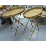 SIDE TABLES, a pair, gilt metal with feather pattern design, 64cm x 34cm x 68cm. (2)