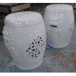 BARREL STOOLS, a pair, Chinese Export style blanc de chine, 45.5cm H. (2)