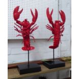 LOBSTERS, a pair, red resin on stands, 57cm H. (2)