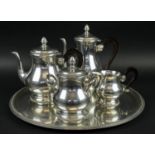 COFFEE/TEA SERVICE, by Etain, France, neo-classical style, with acorn finials, wooden handles and