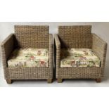 RATTAN ARMCHAIRS, a pair, grey and natural woven rattan/cane with traditional cushions. (2)