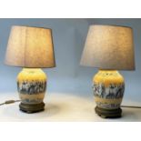 TABLE LAMPS, a pair, ceramic vase form depicting classical scenes, in blue and yellow, 52cm H