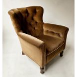 ARMCHAIR, Edwardian walnut with deep button brown velour velvet upholstery and turned front