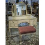 DRESSING TABLE, Louis XV style cream and gilt with triple mirrors above five drawers, 145cm H x