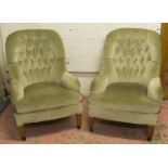 ARMCHAIRS, a pair, mid 20th century, in light green velvet (slight marks), 65cm W. (2)