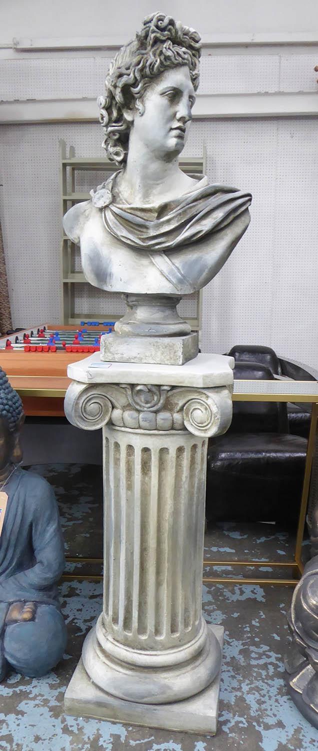 BUST OF APOLLO, on ionic column, faux stone, 172cm H. (2)