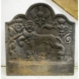 FIREBACK, 17th century cast iron decorated with a lion, rose, thistle and fleur di lys, 78cm W x