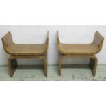 STOOLS, a pair, Art Deco walnut with raised ends, 68cm H x 67cm x 35cm. (2) (with faults)