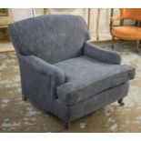 ARMCHAIR, Howard style, with seat cushion, in blue Edinburgh chenille velvet, on castors, 90cm W.