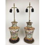 TABLE LAMPS, a pair, ceramic hand painted with hunting scenes, telescopic bulb holders and carved