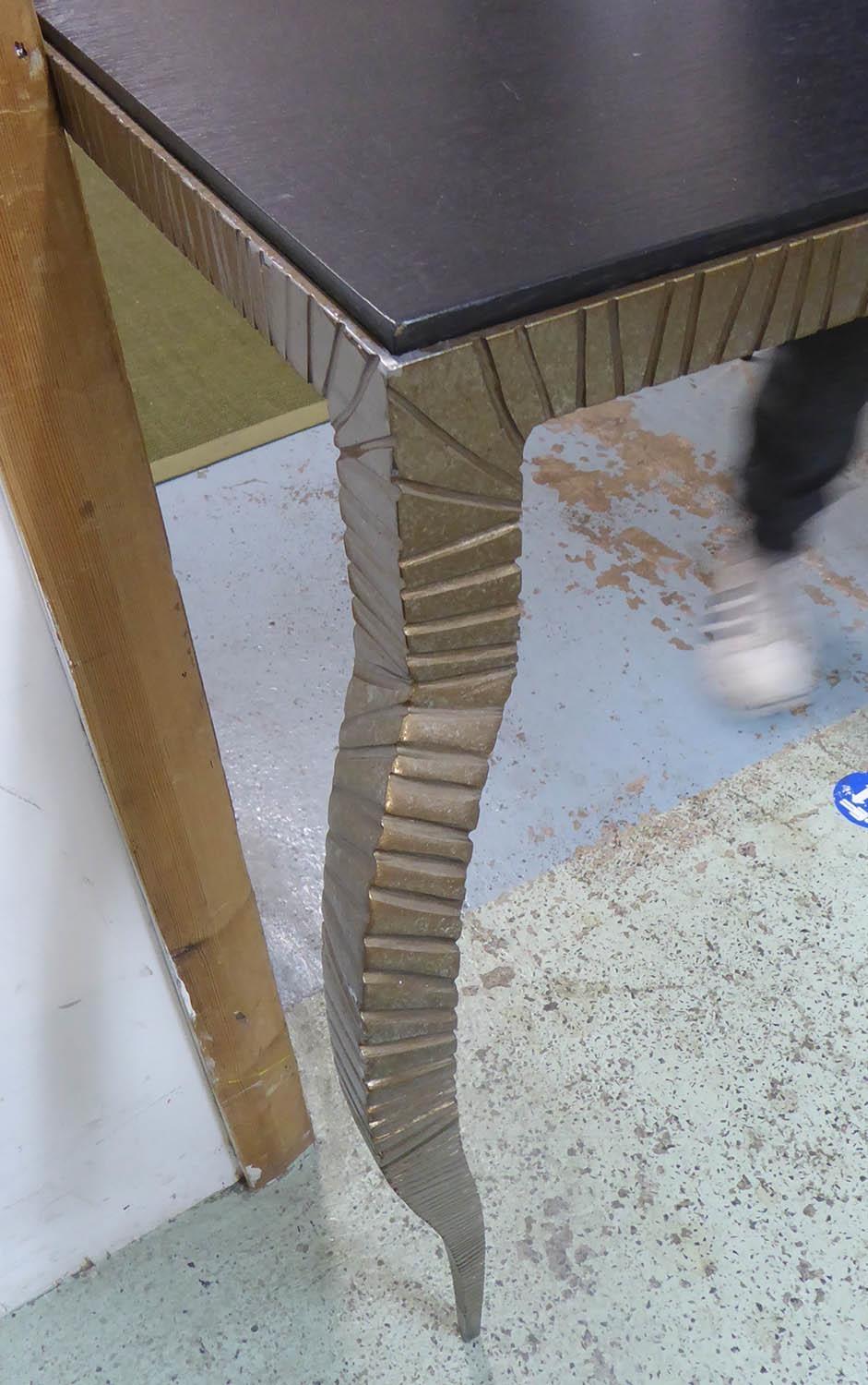 CONSOLE TABLE, contemporary worked metal, ebonised wood top, 150cm x 39cm x 88cm approx. - Image 3 of 4